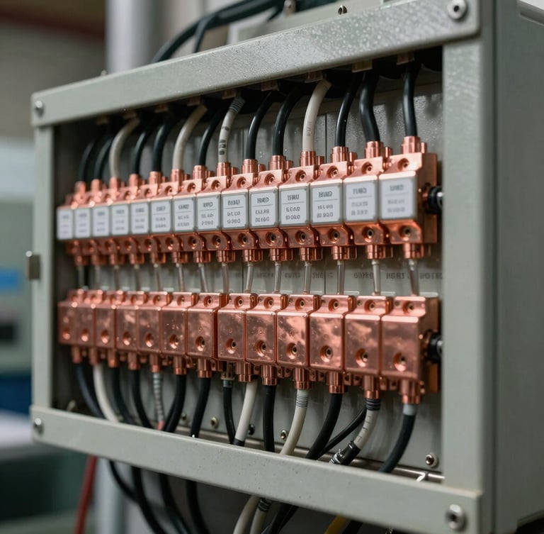 Vista lateral de un tablero eléctrico industrial con cableado perfectamente peinado y etiquetado, iluminación de estudio sobre terminales de cobre pulido