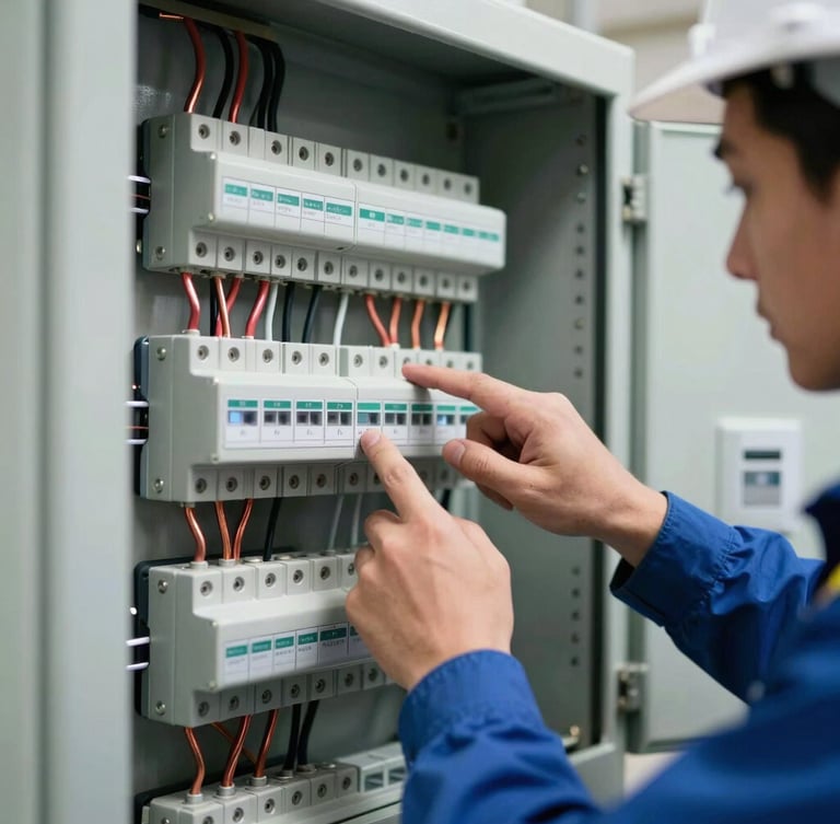 High-contrast side-angle view of a certified electrical inspector checking a pristine control panel, clean hands pointing to a labeled terminal block, copper wiring details.