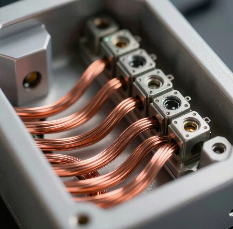 Extreme close-up of pristine internal panel wiring, perfectly combed copper cables, labeled terminals, crisp industrial lighting highlighting metallic textures.