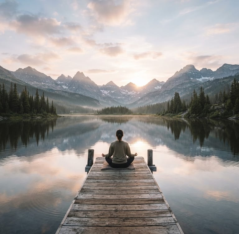 Wide panoramic view of a serene mountain lake at sunrise, a person meditating on a small dock, soft light, muted sage and sand tones, atmospheric.