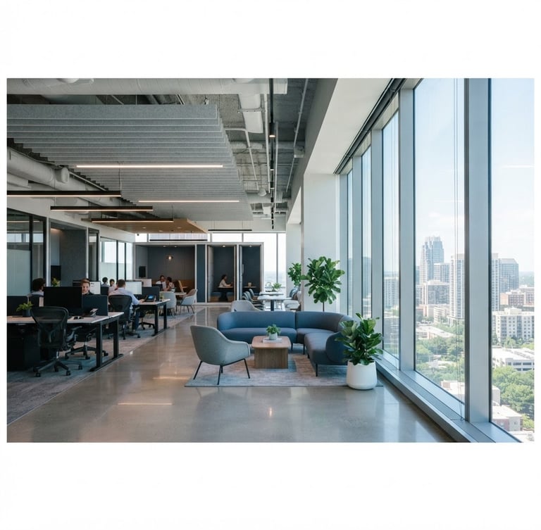 Wide architectural shot of a modern glass-heavy office interior with crisp natural daylight filtering through a window film, showing subtle glare mitigation, cool grey and blue tones, 35mm lens, right third is an expansive window.
