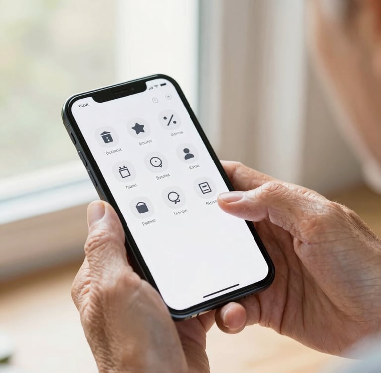 Close-up of a senior's hands holding a modern smartphone displaying an incredibly clean, high-contrast interface with large icons, warm natural morning light, highly detailed texture