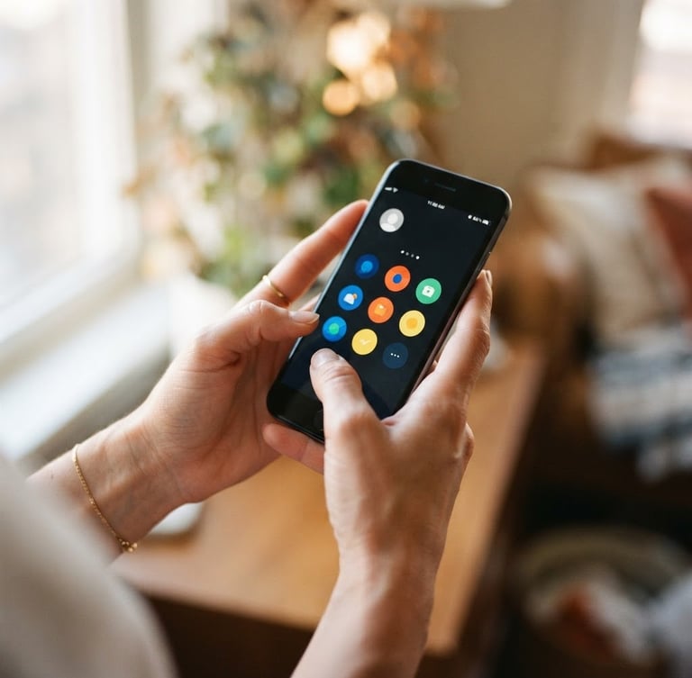 A close-up of hands holding a smartphone with a clean, high-contrast interface under soft natural window light, shallow depth of field, warm lifestyle photography.