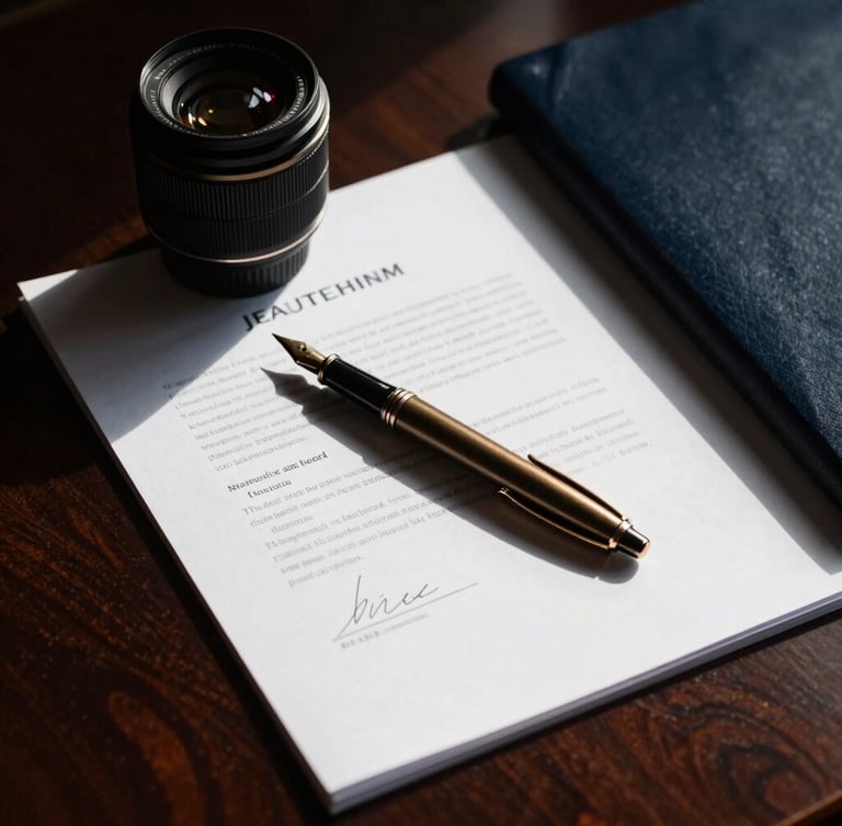 Dramatic low-key close-up of signed executive legal documents on a dark mahogany desk, sharp window light casting deep shadows, bronze fountain pen, 35mm lens