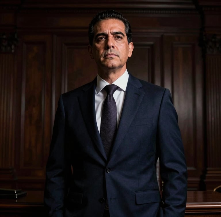 Dramatic, low-angle portrait of Lic. José Luis Arauz Lara in a dark, imposing law office, chiaroscuro lighting, sharp suit, confident and serious expression, deep navy and bronze tones.