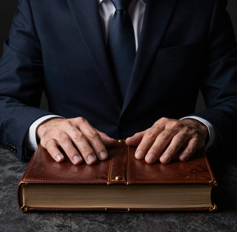 Portrait shot of a focused lawyer's hands on a heavy leather-bound legal text, dramatic low-key lighting, chiaroscuro, deep navy and bronze tones, 35mm lens.
