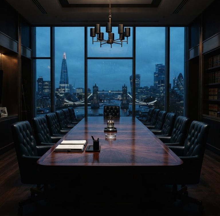 Interior de un despacho legal de alta gama, con una mesa de conferencias de caoba oscura y sillas de cuero, luz dramática entrando por una ventana grande, estilo fotográfico de bajo contraste, tonos azul marino y bronce, lente de 35mm, composición arquitectónica imponente.