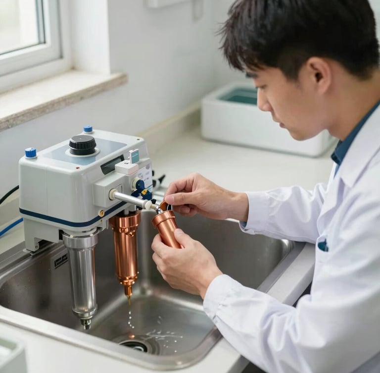 A professional technician in a clean uniform calibrating an under-sink RO water purifier, focused hands adjusting a copper filter, bright indoor daylight, 35mm.