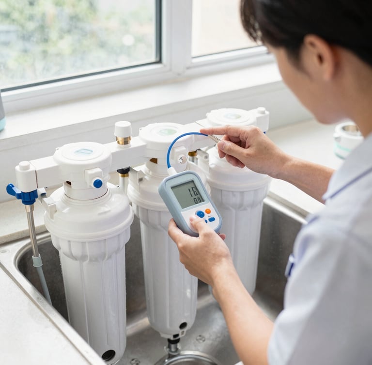 A certified technician in a clean uniform calibrating an under-sink RO water filtration system with a digital TDS meter, bright natural daylight, 35mm