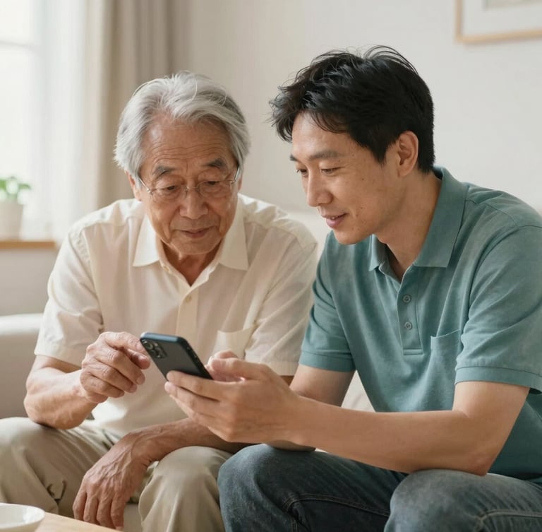 An instructor sitting closely next to an older man, patiently showing him something on a smartphone in a bright, cozy room with soft daylight.