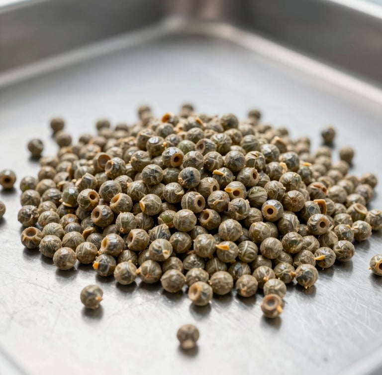 A macro close-up of high-quality feed pellets on a clean stainless steel surface, bright daylight, industrial precision, sharp focus