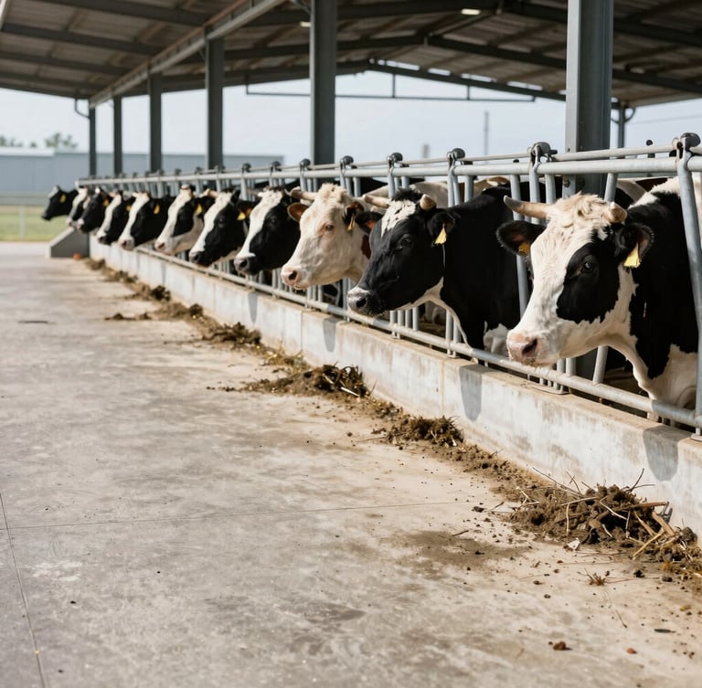 Crisp industrial photography of a modern cattle farm, clean concrete feeding lanes, bright natural daylight, sharp focus, 35mm lens