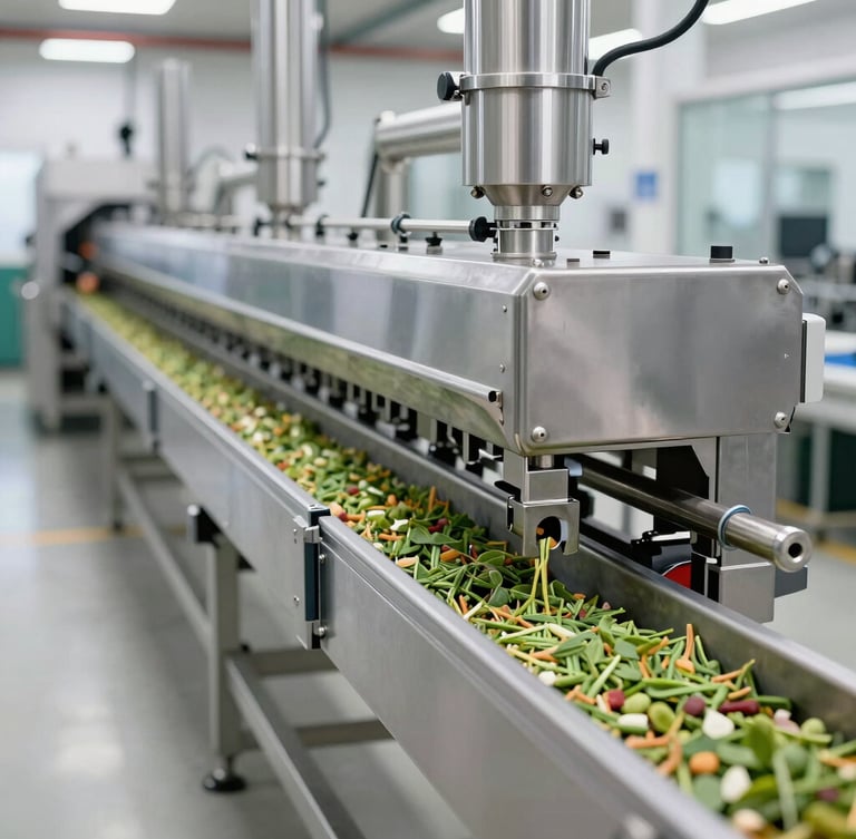 A long perspective shot of a modern automated feed production line with clean stainless steel machinery, bright industrial lighting, crisp focus