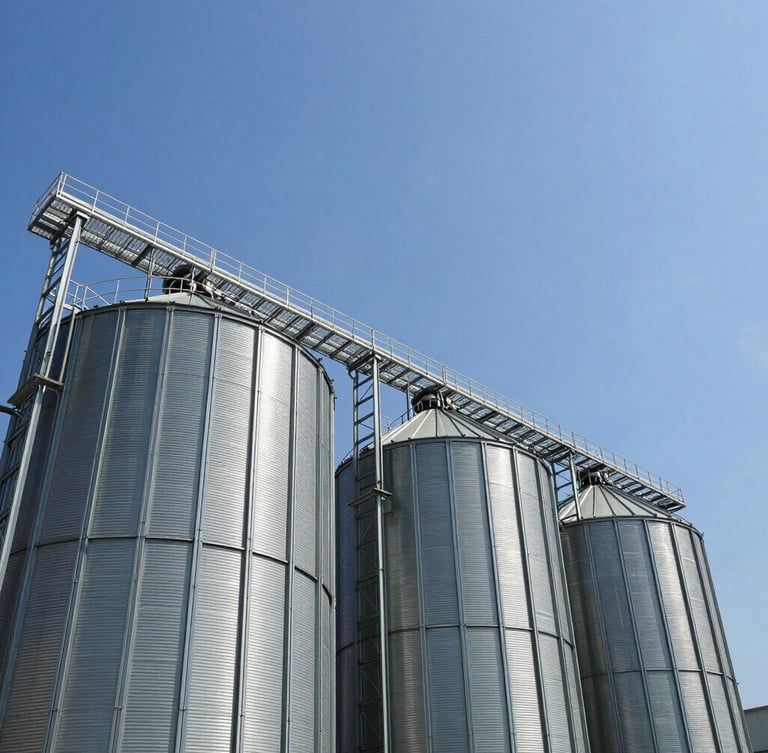 Wide-angle architectural shot of modern stainless steel grain silos rising into a crisp blue sky, sharp industrial precision, bright daylight, 35mm lens.
