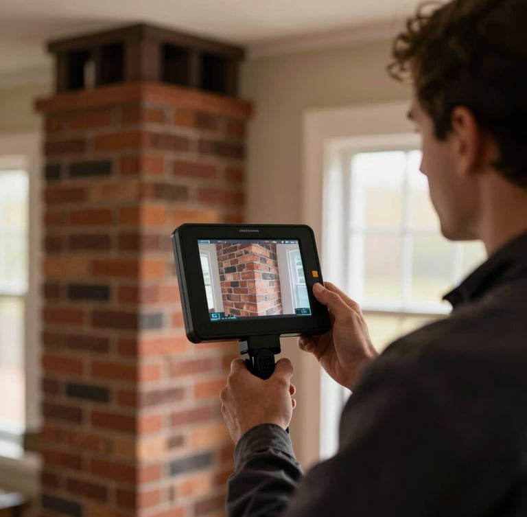 A professional chimney technician in Champaign operating a digital inspection screen, showing high-resolution masonry details, warm indoor lighting, shallow depth of field