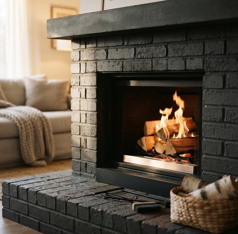 A close-up of a modern clean fireplace hearth in a warm living room, soft afternoon window light illuminating clean brickwork, shallow depth of field