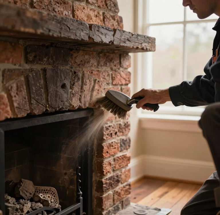 Close-up of a technician carefully brushing soot from a clean brick fireplace hearth, protective floor sheeting visible, warm ambient light