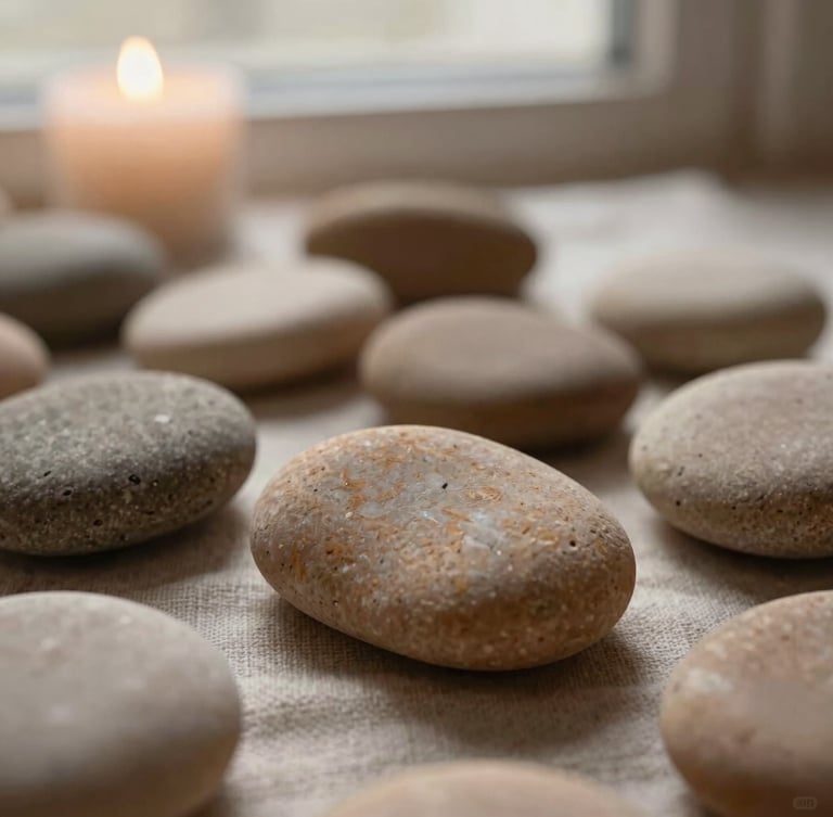 Macro close-up of smooth warm basalt stones resting on soft folded linen, gentle morning window light, shallow depth of field, muted earth tones