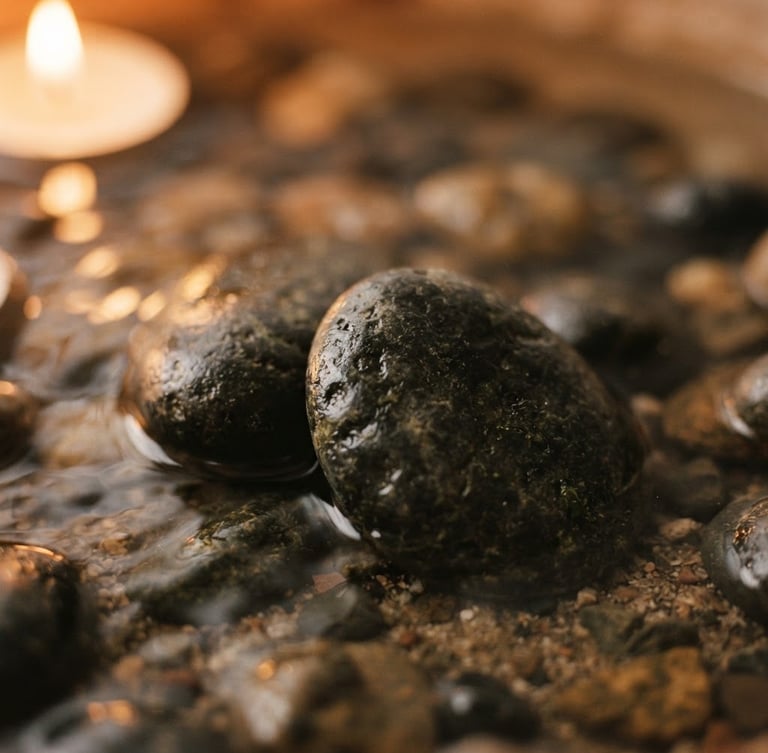 Macro close-up of smooth basalt stones resting in warm water, soft candlelit glow, muted earth tones, shallow depth of field, 35mm film
