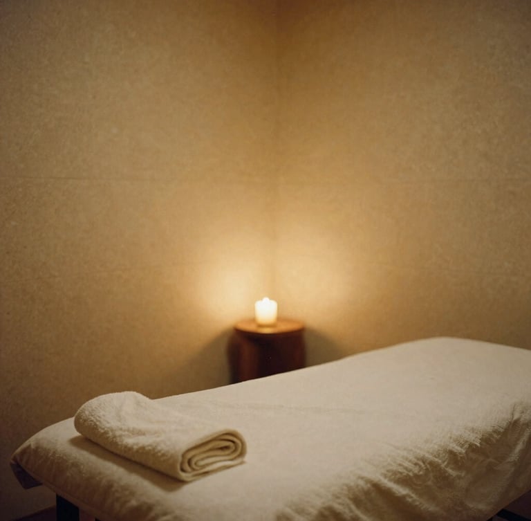 An empty, immaculate treatment room with warm travertine walls, soft diffused candlelight, folded linen towels on a massage table, 35mm film