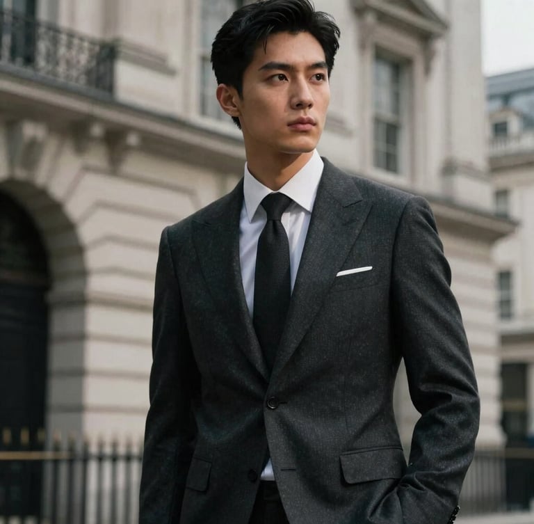 Editorial portrait of a partner in a bespoke charcoal suit, looking off-camera, dramatic low-key lighting, soft focus London architectural background.
