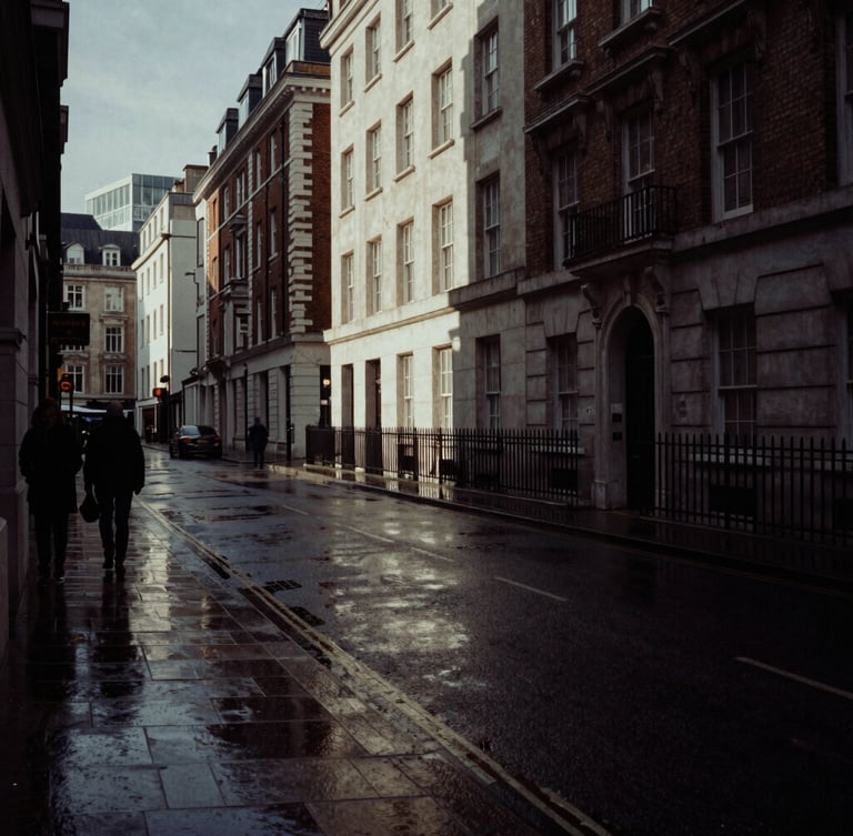 Moody editorial photography of a wet London streetscape in the City of London, low-key lighting, deep charcoal tones, dramatic shadows, 35mm film grain