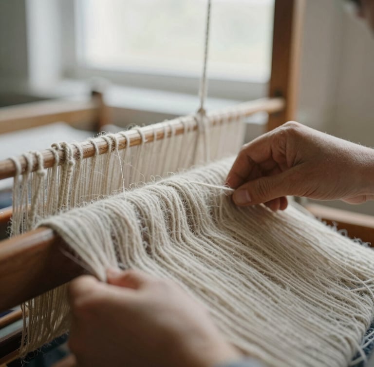 Macro close-up of artisan hands weaving thick-gauge wool on a traditional wooden loom, soft morning window light, high texture, 35mm