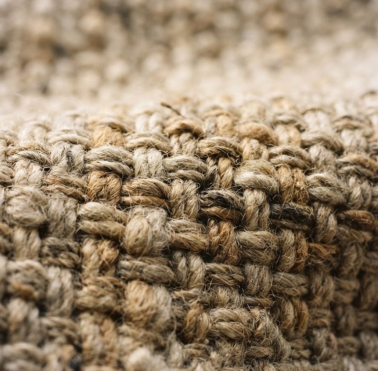 Tight macro crop of raw linen fabric weave, showing thick-gauge yarn and rich organic texture under soft morning window light, warm earth tones, 35mm