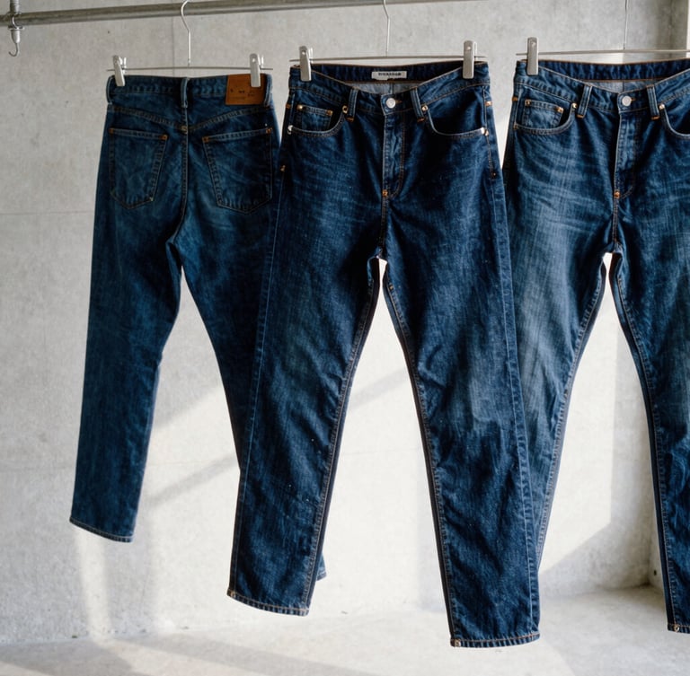 Tactile film photography of raw denim jeans hanging in a minimalist concrete workshop, harsh natural daylight, sharp side-shadows