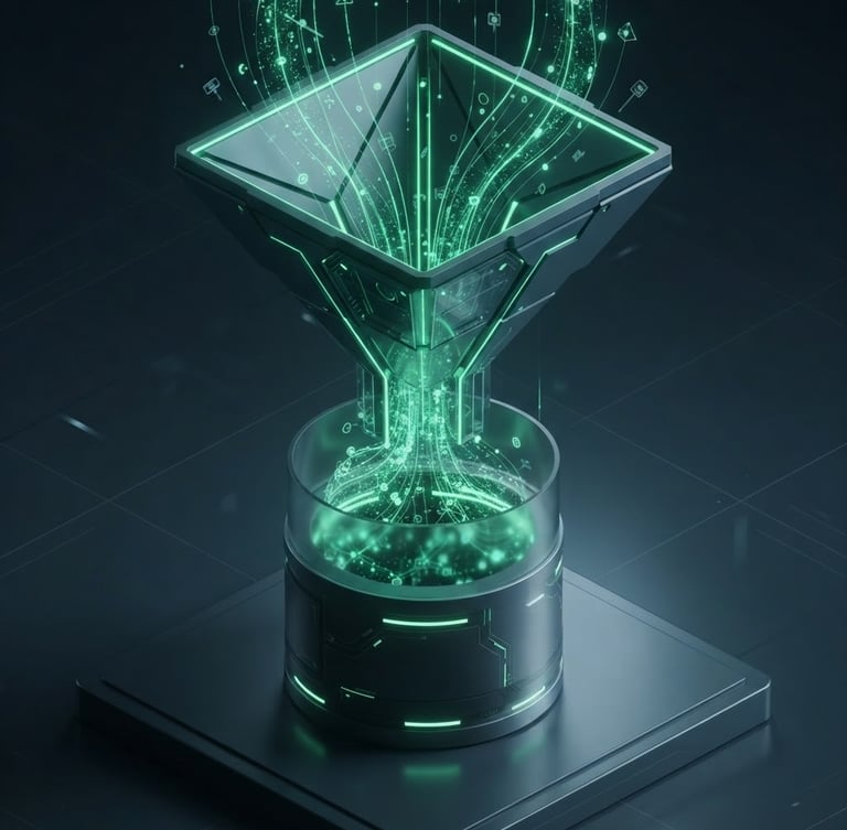 Sleek 3D render of a digital growth funnel, isometric perspective. Electric green and deep slate accents, glowing data nodes flowing downward into a solid cylinder. Dark mode aesthetic, moody high-contrast technical lighting with soft neon glow.