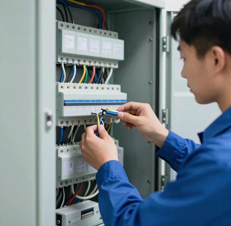 Close-up of a professional technician in a clean uniform neatly organizing wires inside a modern electrical panel, sharp focus, natural daylight.