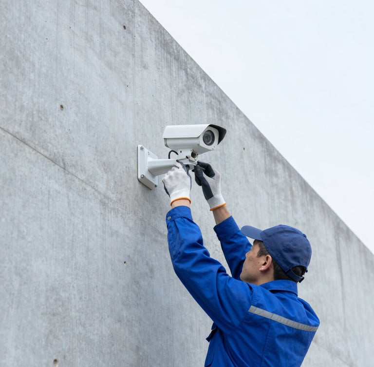 A technician wearing protective gloves adjusting a security camera bracket on a clean concrete wall, bright natural daylight, slate blue tones