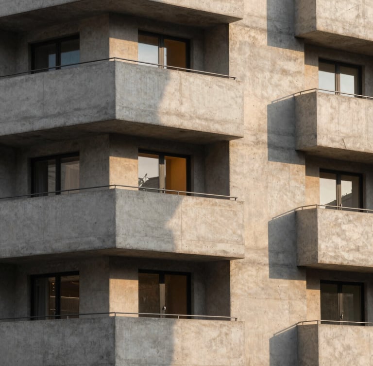 Architectural portrait of a modern concrete residential facade, sharp geometric shadows, warm amber light glowing from a single window