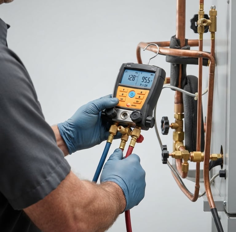 Close-up of a professional technician holding a digital manifold gauge connected to copper pipes, bright high-key product photography, crisp studio light, clean light gray background
