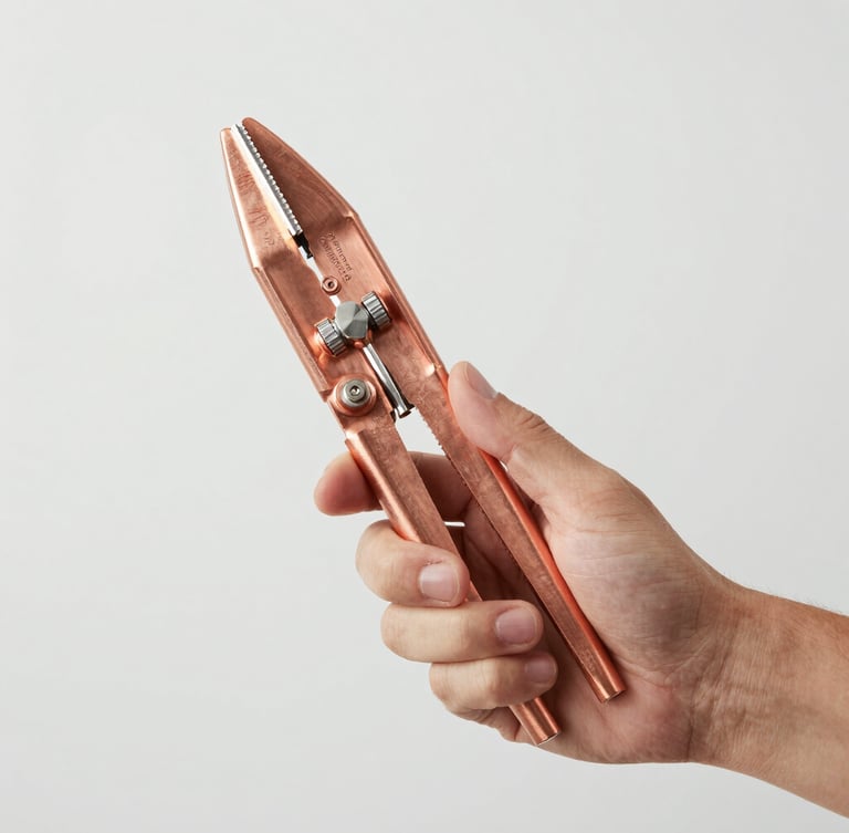 A professional HVAC technician in a clean workshop holding a copper pipe cutter, natural work environment, bright high-key lighting, sharp focus