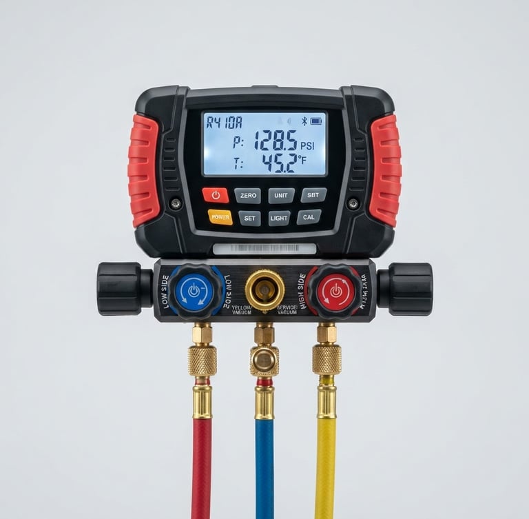 Bright high-key product photography of a digital manifold gauge on a clean light gray background, crisp studio light, sharp focus on technical details