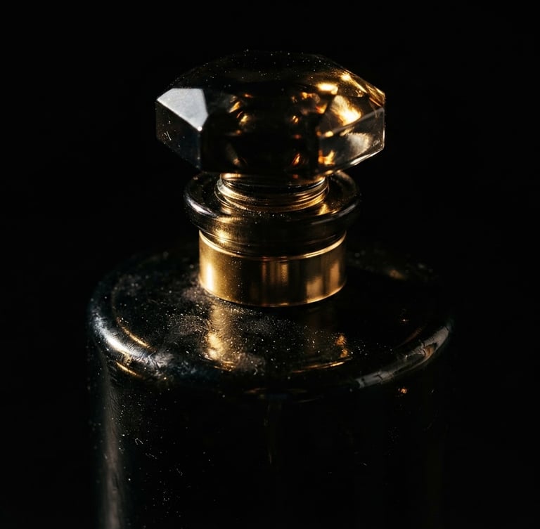 Extreme macro shot of a heavy dark glass perfume bottle catching sharp golden glints of light, deep black background, dramatic chiaroscuro lighting, 85mm lens