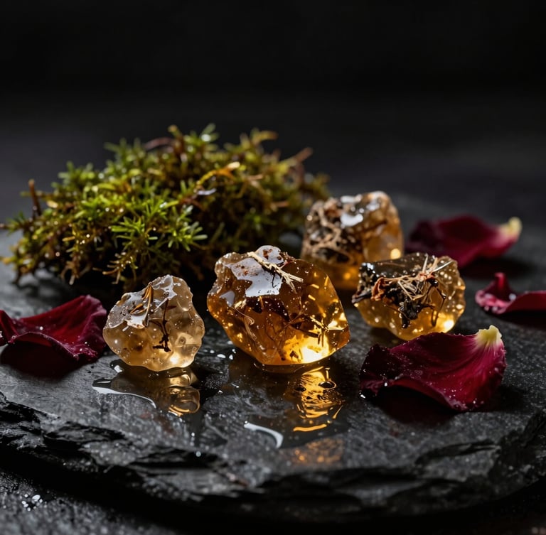 Macro shot of raw botanical resins, damp moss, and torn dark red petals resting on a wet dark stone surface, low-key dramatic chiaroscuro lighting