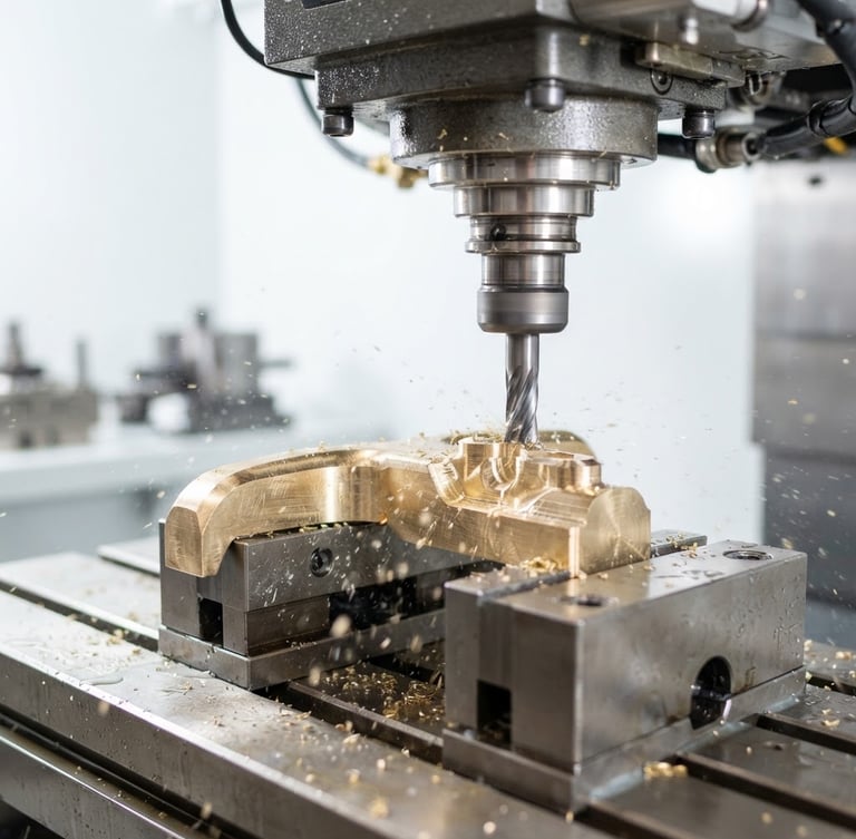 Macro shot of a high-precision CNC milling machine cutting a solid brass door handle, bright high-key studio lighting, crisp focus, metallic textures, 50mm lens