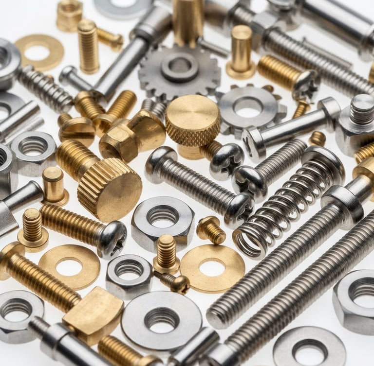 Macro shot of polished raw brass and solid steel hardware components on a clean white studio background, bright high-key lighting, sharp focus, 50mm lens