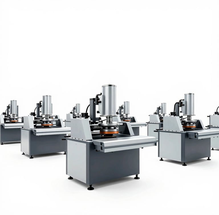 Wide-angle architectural shot of a clean, modern manufacturing facility floor in India, showing precise polishing machinery under bright overcast daylight, no people.