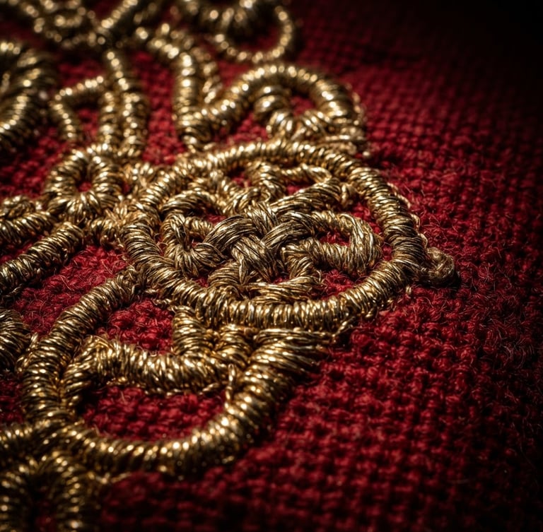 Macro close-up of gleaming gold-thread embroidery on heavy-duty red canvas, dramatic side-lit studio strobes, deep shadows, sharp focus
