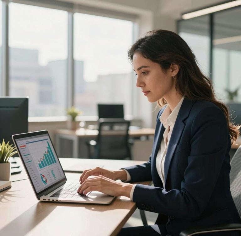 Professional female accountant working on a laptop in a sunlit modern Bogotá office, financial dashboards with growth metrics visible on screen, warm natural light, shallow depth of field, 35mm.