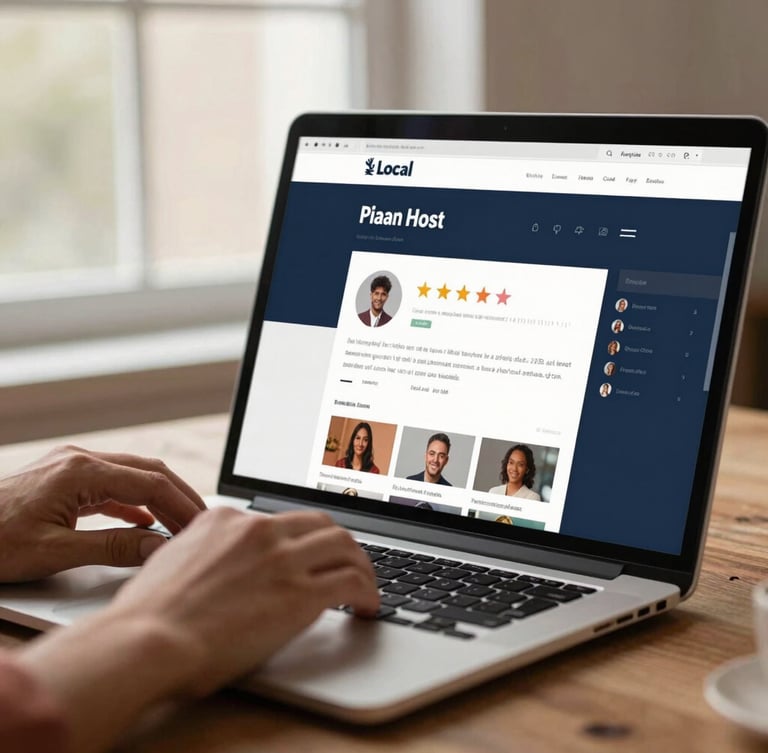 Warm editorial lifestyle photography, soft side-lit window daylight, muted navy and terracotta tones, shallow depth of field, close-up of hands working on a web design mockup on a laptop screen, showing a local business website with a prominent review section.