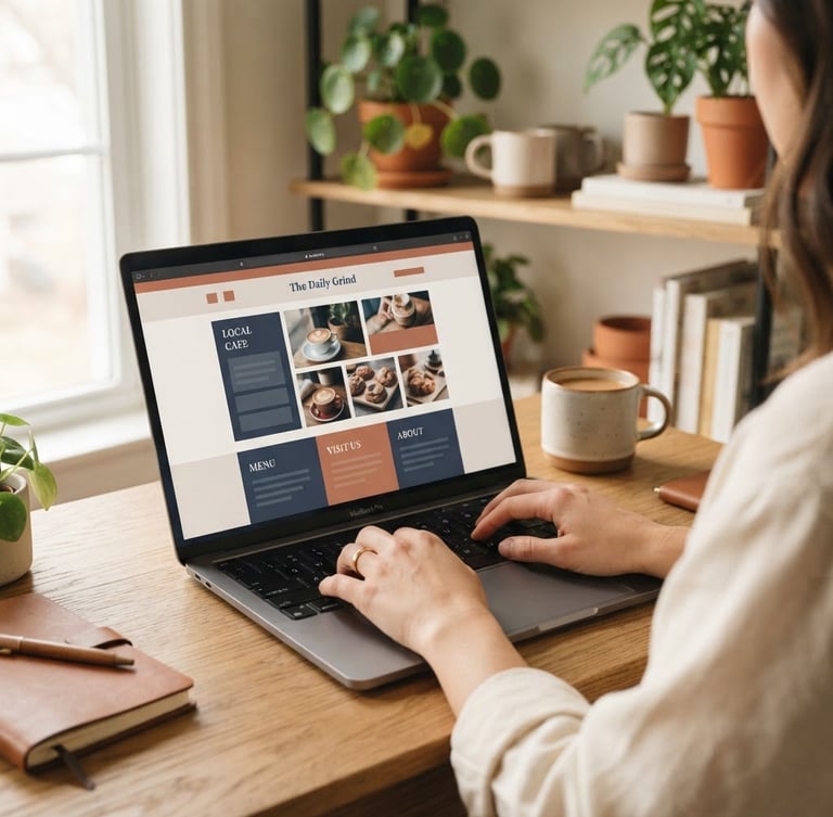Clean, modern desktop UI mockup of a local business website on a laptop, hands typing on keyboard, warm natural side-light, organized workspace, shallow depth of field, muted navy and terracotta tones.
