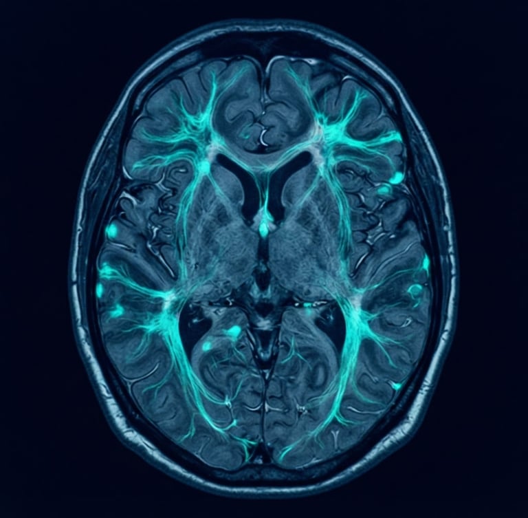 High-contrast clinical medical photography of an fMRI brain scan, deep navy background with glowing teal neural pathways, sharp focus, 35mm