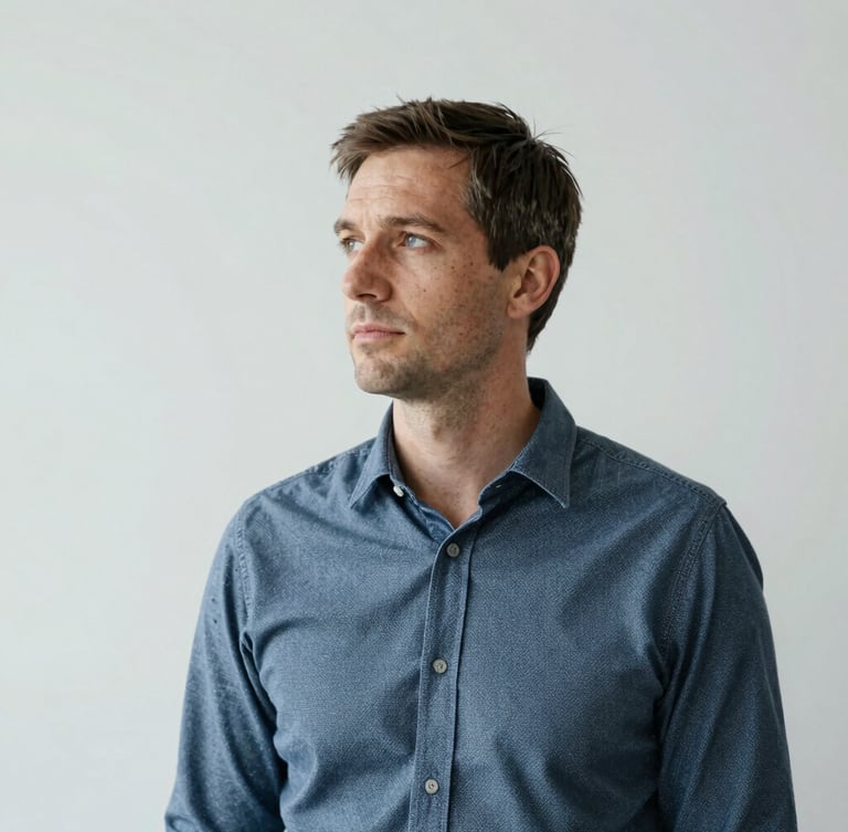 Portrait of a professional strategist looking thoughtfully sideways, soft natural studio light, desaturated technical tones, minimalist background, 35mm lens.