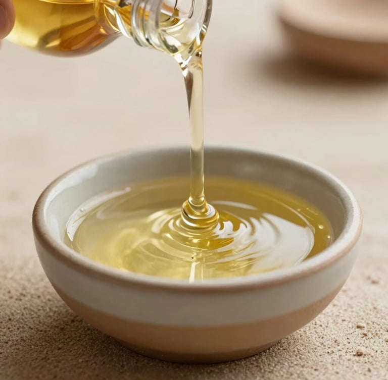 Macro close-up of warm organic massage oil being slowly poured into a small ceramic bowl, soft diffused natural light, neutral sand tones.