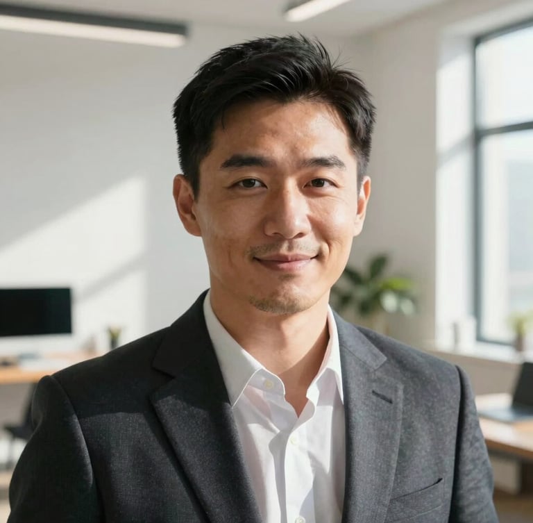 Close-up portrait of a professional male marketing consultant in a bright, sunlit modern home office, looking directly at the camera with a confident, friendly expression, high-contrast natural lighting, clean minimalist background.