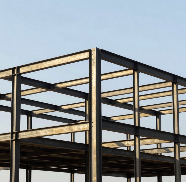 Sharp architectural portrait of a modern residential steel frame installation, crisp daylight, high-contrast black and gold tones, structural lines